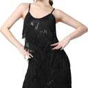 Women 1920s Gatsby Flapper Dress Sexy Open Back Strap Fringed Cocktail Party Dress with 20s Accessories (Black, L)