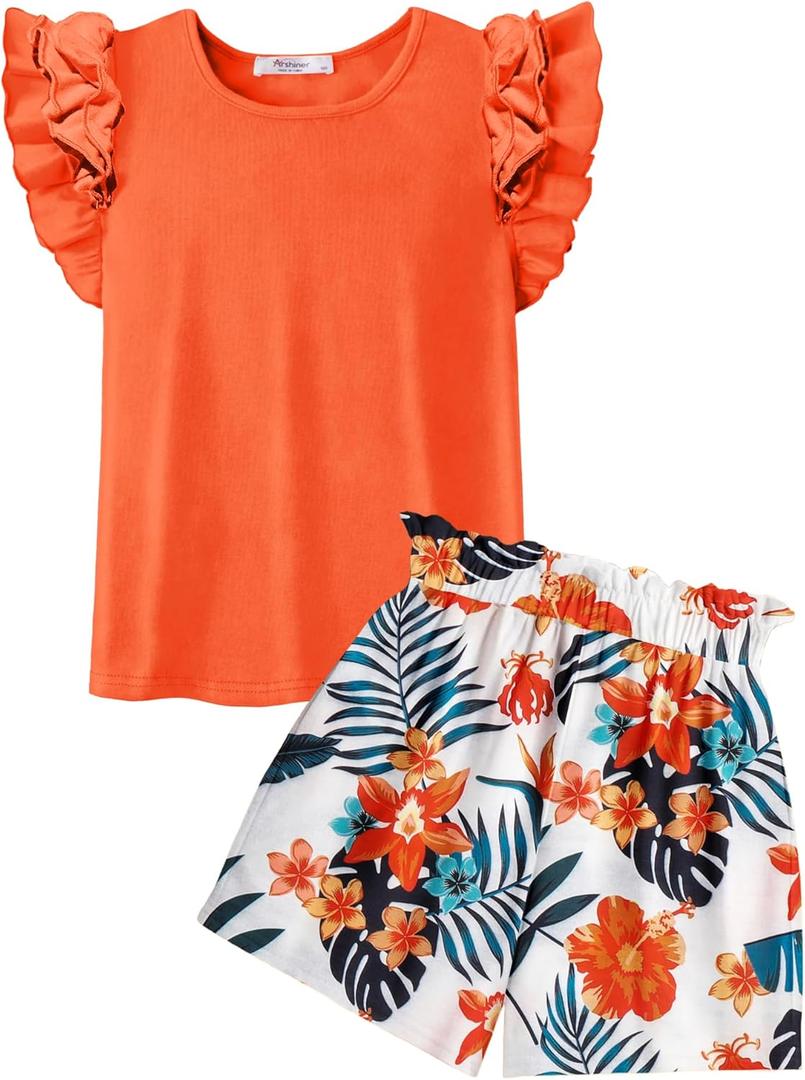 Arshiner Girls 2 Piece Outfits Summer Clothes Ruffle Short Sleeve Shirts Top and High Waist Paper Bag Shorts Set with Pockets. 8-9Y