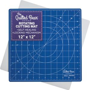 The Quilted Bear Rotating Cutting Mat 12" x 12" - Locking & Rotating Self Healing Cutting Board for Sewing, Fabric & Quilting - 360 Degree Sewing Supplies Mat for Craft Table (Blue)