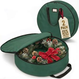 ZOBER 2 Pack Oxford Christmas Wreath Storage Container 30 Inch - Wreath Bag for Artificial Wreaths Box - Waterproof Fabric, Dual Zippered Wreaths Storage Bag With Strong Durable Handles - Green