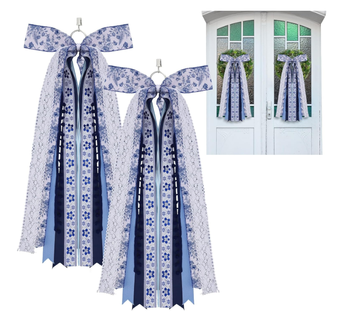 Suncalla 2 Pcs Chinoiserie Ribbon Bow for Wreath Large Blue and White Wreath Sash for Front Door Xmas Tree Topper Bow Ribbons Bundle Assorted Sash for Party Indoor Outdoor Decoration