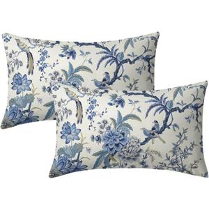 Chinoiserie Pillow Covers 12x20 Inch Set of 2 Blue and White Outdoor Pillows Bule Birds Flowers Throw Pillow Covers Cotton Lumbar Cushion Cover Decor for Bedroom Couch Bed Living Room Sofa Chair