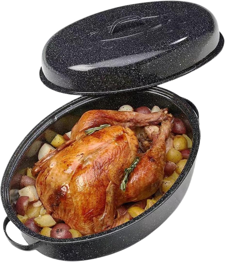 Turkey Roaster Pan 18in Roasting Pan With Lid Enamel Carbon Steel Roaster Pot with 16in Inner Diameter,18 Pound Large Capacity High Temperature Resistance Oval Cookware
