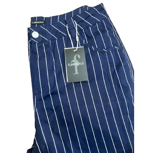 Straight Leg Mid Waist Vintage Cropped Stripe Barrel Stretchy Jeans Without Belt (Large, Navy Blue)