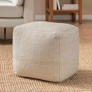 Anji Mountain Pouf Ottoman Foot Rest, Handmade Ottoman Pouf, Comfortable Foot Stool, Decorative Floor Seating for Living Room Decor, Bedroom & Home Décor Accent - Ivory/Lt Brown, 16"D x 16"W x 16"H