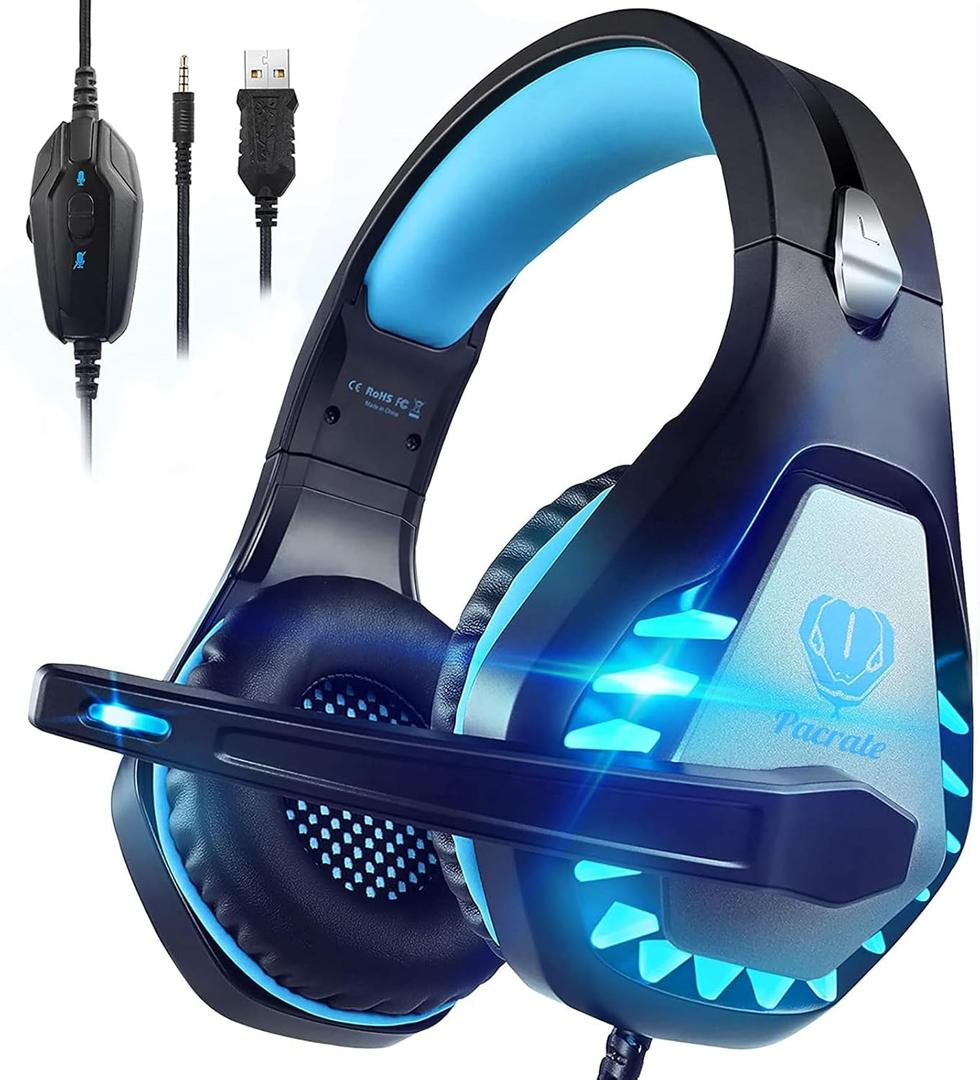 Gaming Headset with Microphone for PC, PS4, PS5, Headset Noise Cancelling Gaming Headphones for Switch, Laptop, Mac, Xbox Series X/S, Headphones with LED Lights, Deep Bass for Kids Adults, Black Blue