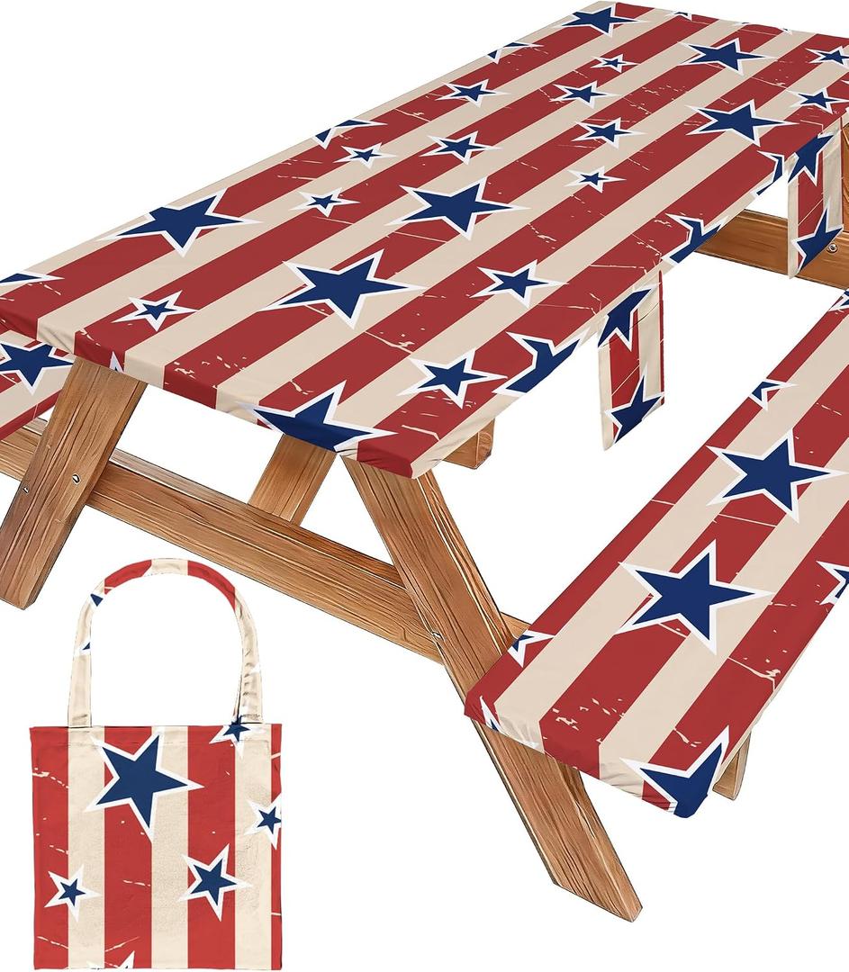 Picnic Table Cover with Bench Covers Waterproof Vinyl Elastic Rectangle Fitted Table Cloth Camping Lovers Essentials Rv Car Travel Overlanding Outdoor Roadtrip Road Trip Women Men Camper Gifts 6 Foot