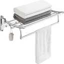 BESy 24 Inch Polished Chrome Towel Racks, Bathroom Towel Shelf with Foldable Towel Bar Holder and Towel Hooks, Wall Mounted Multifunctional Bathroom Accessories, Double Towel Bars