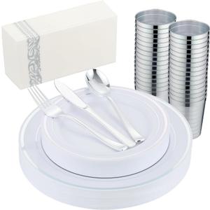 175 PCS Silver Dinnerware Set for 25 Guests, Silver Rimmed Heavy Duty Plastic Disposable Plates for Party Wedding with 25 Dinner Plates,Dessert Plates, Silverware Set, Cups, Napkins