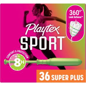 Playtex Sport Tampons Super Plus Absorbency, Fragrance-Free - 36ct | Super Plus Tampons for Women, Feminine Care, Playtex Tampon with 360 Leak Defense (36 Count (Pack of 1))
