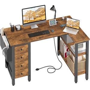 Lufeiya L Shaped Desk with Drawers & Storage Shelves, 47 Inch Small Reversible Corner Desk with Power Outlet for Home Office Bedroom, L-Shaped Gaming PC Computer Desks with Fabric Drawer, Rustic Brown