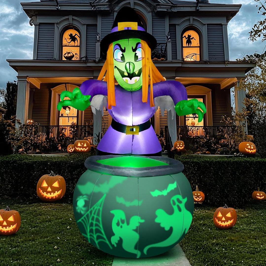 Joiedomi 6 Ft Halloween Inflatable Witch and Cauldron Decoration with Projecting Rotating Green Ghost Light, Inflatable Yard Decor Blow Up with Build-in LEDs for Halloween Party Indoor, Outdoor Decor