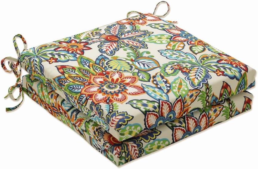 Pillow Perfect Bright Floral Indoor/Outdoor Chair Seat Cushion with Ties Squared Corner, Plush Fiber Fill, Weather, and Fade Resistant, 20" x 20", Blue/Green Copeland 2 Count