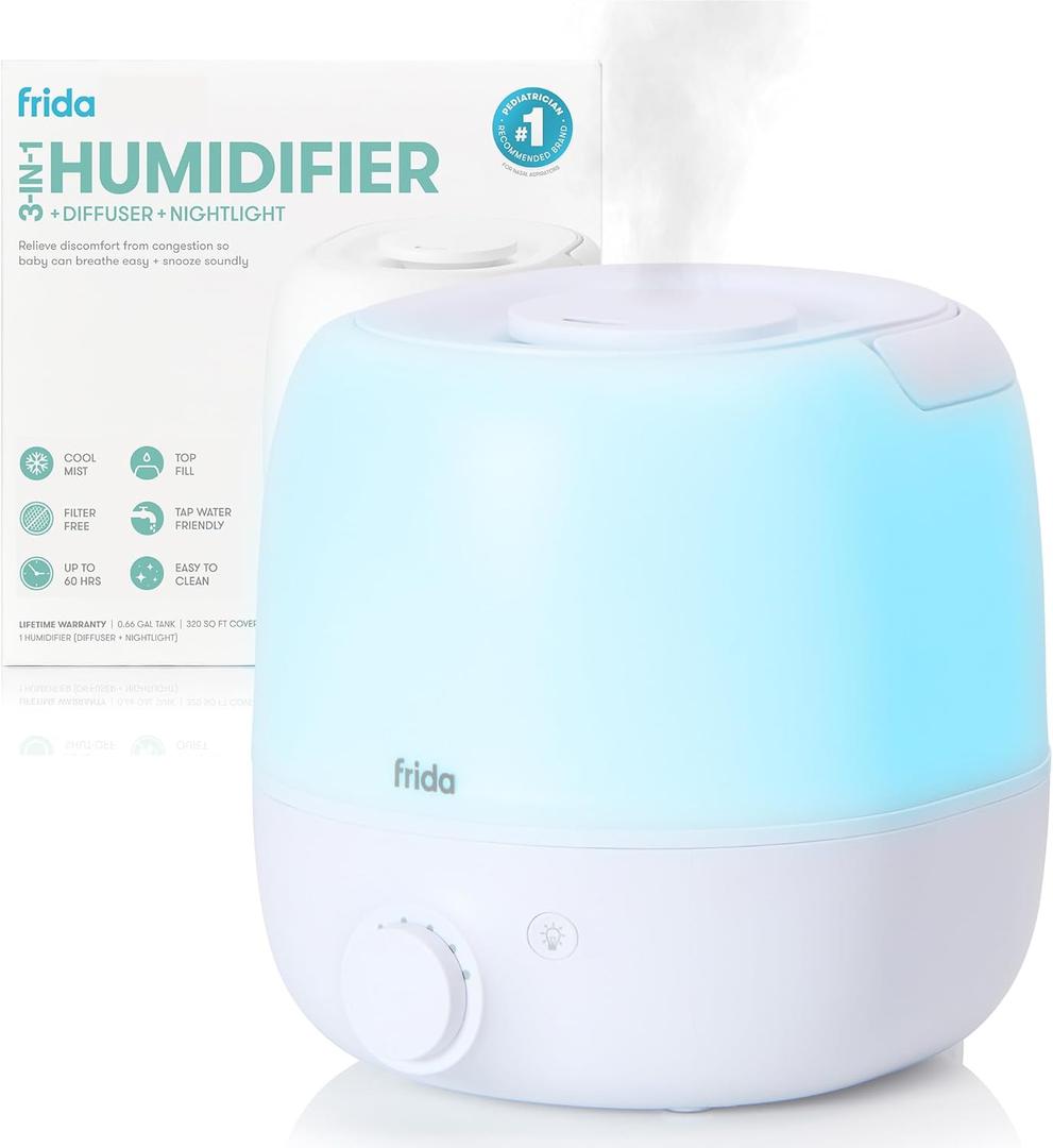 Frida Baby 3-in-1 Cool Mist Humidifier for Large Rooms, Top Fill Humidifier for Bedroom, Allergy Relief, 60 Hour Runtime + Nightlight, Auto Shut-Off, Quiet, Carry Handle, Essential Oil Diffuser (White)