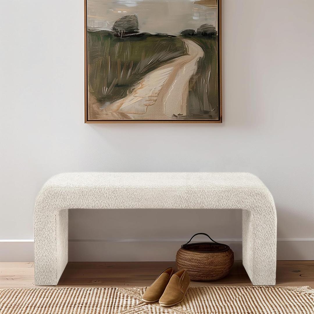 Ink+Ivy Steve Entryway Accent Bench Padded, Cozy Plush Boucle Upholstered Bench for Living Room, Modern Curved Corner Compact Bed End Bench for Bedroom, Indoor Seating, Fully Assembled, 42" W Cream, 42"W x 16"D x 18"H