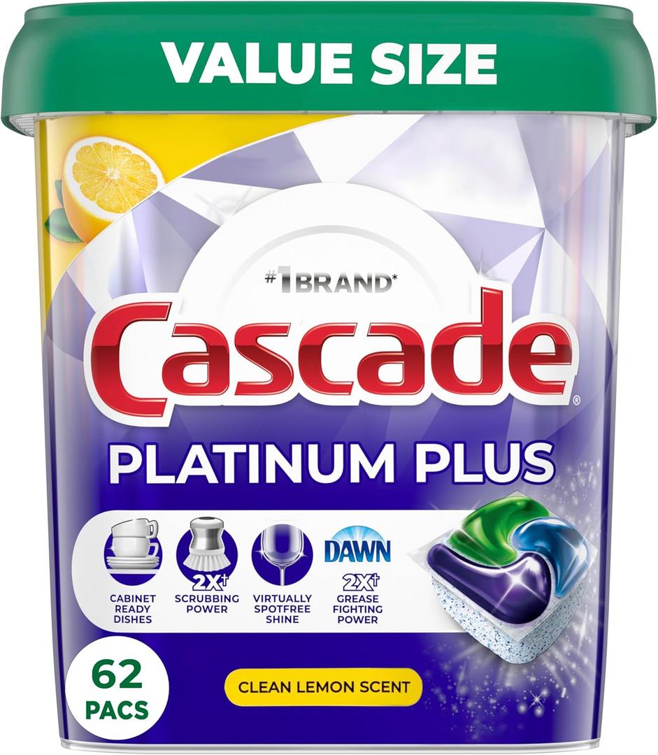 Cascade Platinum Plus Dishwasher Pods, Dish Detergent Soap, Clean Lemon Scent, 62 Count