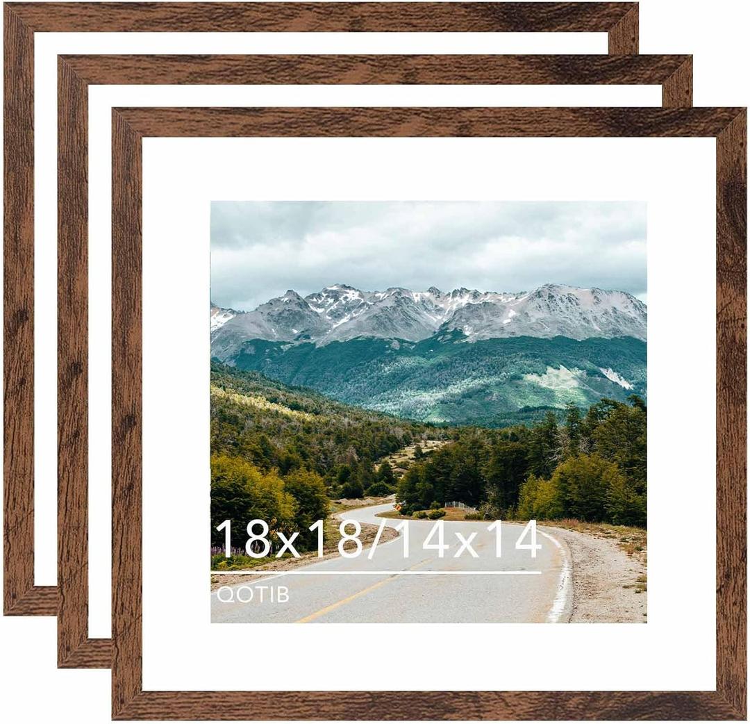 Wood 18x18 Picture Frame with 14x14 Mat Deep Brown, Display 14x14 with Mat or 18x18 without Mat, Wood 18 by 18 Photo Frame, 18 x 18 Frame for Wall Hanging Display, Deep Brown, 3 Pack
