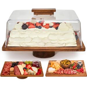 Acacia Wood Cake Stand with Lid 2-in-1 Rectangular Charcuterie Board & Dessert Display, Shatterproof Acrylic Dome Cover for Freshness, Serving Platter for Parties, Gifts for Mom & Women