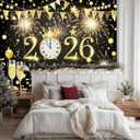 Black Gold Happy New Year 2026 Backdrop Banner 8x6ft Fireworks Clock Champagne Banner Golden Party Decoration Photography Background for Indoor Outdoor Celebration