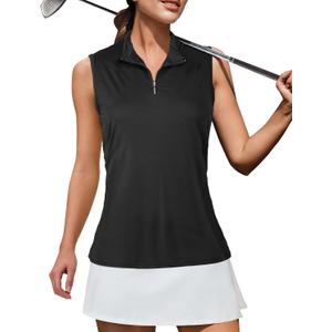 AURUZA Women's Golf Shirt, Sleeveless Polo Shirts for Women V Neck Zip Collar Athletic Workout Tennis Tank Top Summer Outfit (Small, #2 Black)