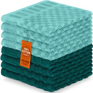 DecorRack 8 Pack 100% Cotton Wash Cloth, Luxurious Soft, 12 x 12 inch Ultra Absorbent Jacquard Towels, Machine Washable Washcloths, Teal Set (8 Pack)