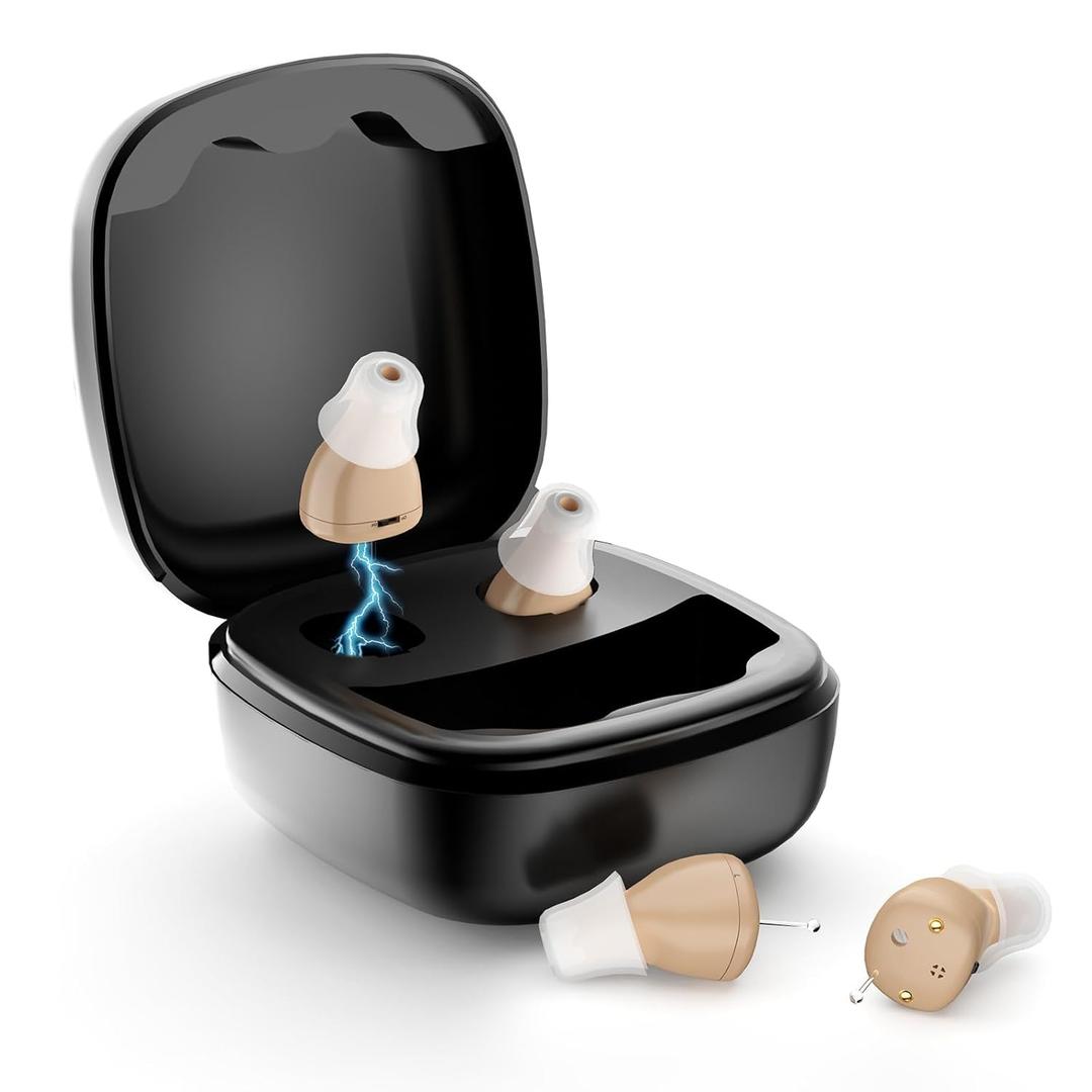 Invisible CIC Hearing Aids for Seniors, Rechargeable In-the-Canal OTC Hearing Amplifier with 3-Level Volume Control, DSP Noise Reduction, Portable Charging Case