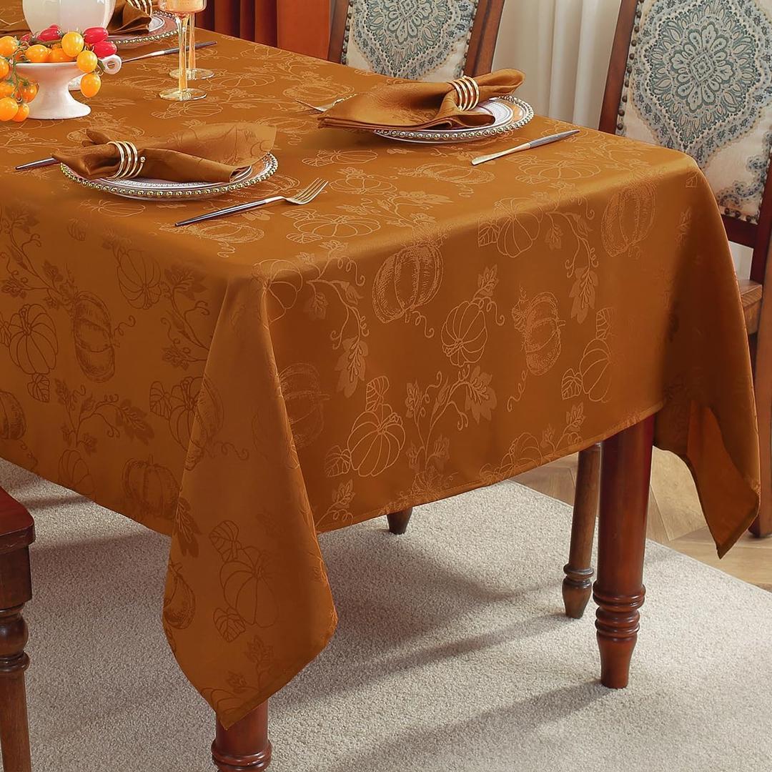 SASTYBALE Thanksgiving Tablecloths for Rectangle Tables Jacquard Fall Table Cloth with Pumpkins and Vines Stain Resistant Table Cover for Autumn Harvest, Dining, Party Decor (52 x 70 Inch, Brown)