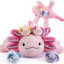 gnomantic 5 Pieces Axolotl Stuffed Animals with Babies Inside Belly - 1 Mommy Stuffed Axolotl with 4 Babies - Pink Axolotls Plush Toy for Kid Age 3-8, Gift Ideal for Christmas, Valentine's, Birthday