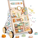 Wooden Baby Walker with Wheels, Push Walker with Baby Activity Center, Montessori Walking Toy for Girls Boys, Ajustable Speed & Height Activity Toy for Toddler Learning to Walk