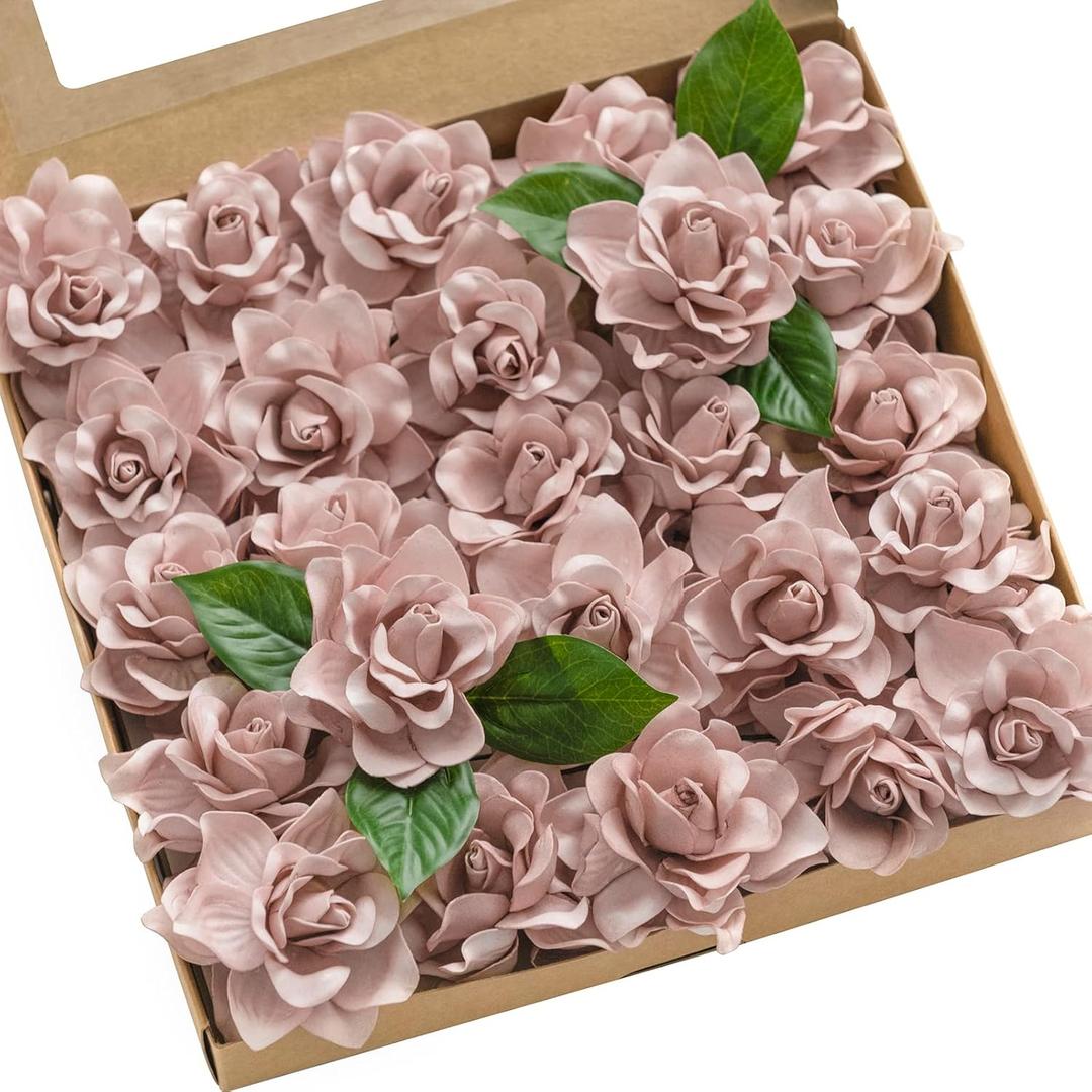 Ling's moment Flowers 25pcs Fake Gardenia Dusty Pink Rose Flowers Artificial Flowers with Stem, Fake Flower for DIY Wedding Decorations Centerpieces Bouquets Boutonnieres
