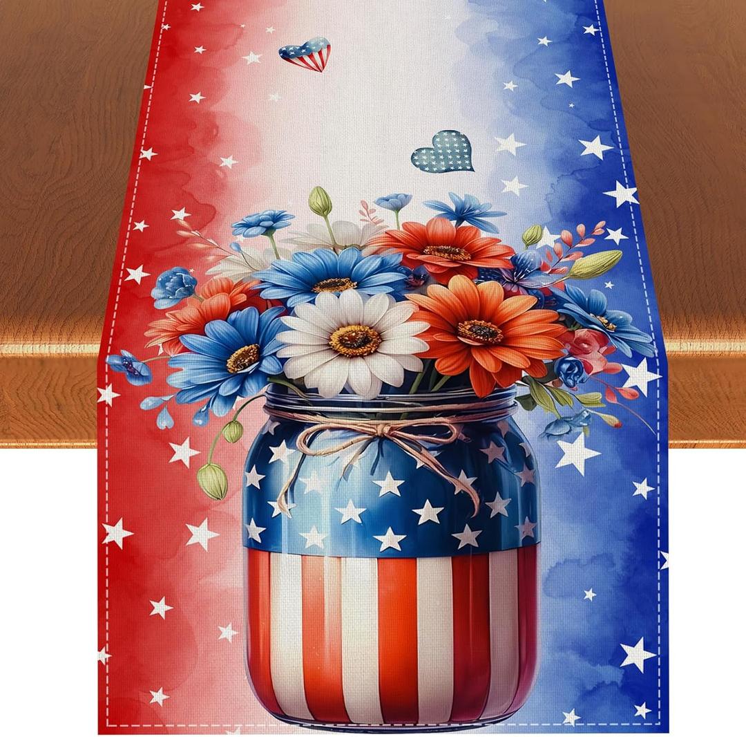 Red White and Blue Vases Flowers Table Runner 4th of July Memorial Day Veterans Day Independence Day Tablecloth Patriotic Decorations and Supplies for Home Kitchen Table-1372''