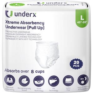 UnderX Adult Disposable Incontinence Underwear Maximum Absorbency Pull Ups, Overnight Leak Protection, 8 Cup Absorption, Soft Latex-Free, Odor Control, Easy Removal, Large, 20 Count