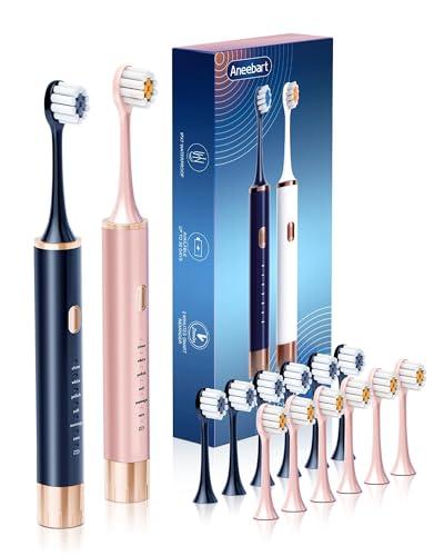 Aneebart Blue & Pink Electric Toothbrush for Adults, USB Rechargeable Sonic Toothbrush with 12 Brush Heads, Smart Timer, 6 Modes, 2-Hour Fast Charge Last 30 Days