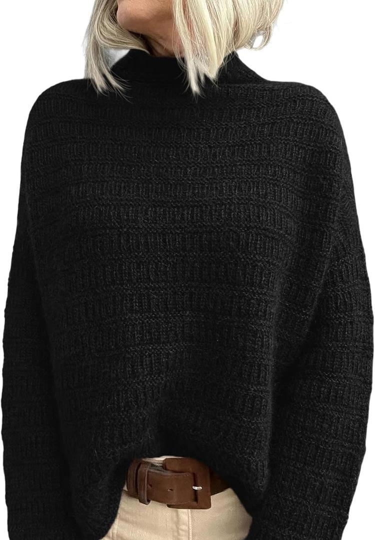PRETTYGARDEN Womens Mock Neck Oversized Sweaters 2025 Long Sleeve Pullover Fall Sweater Knit Jumper Tops Winter Clothing (X-Large, Black)
