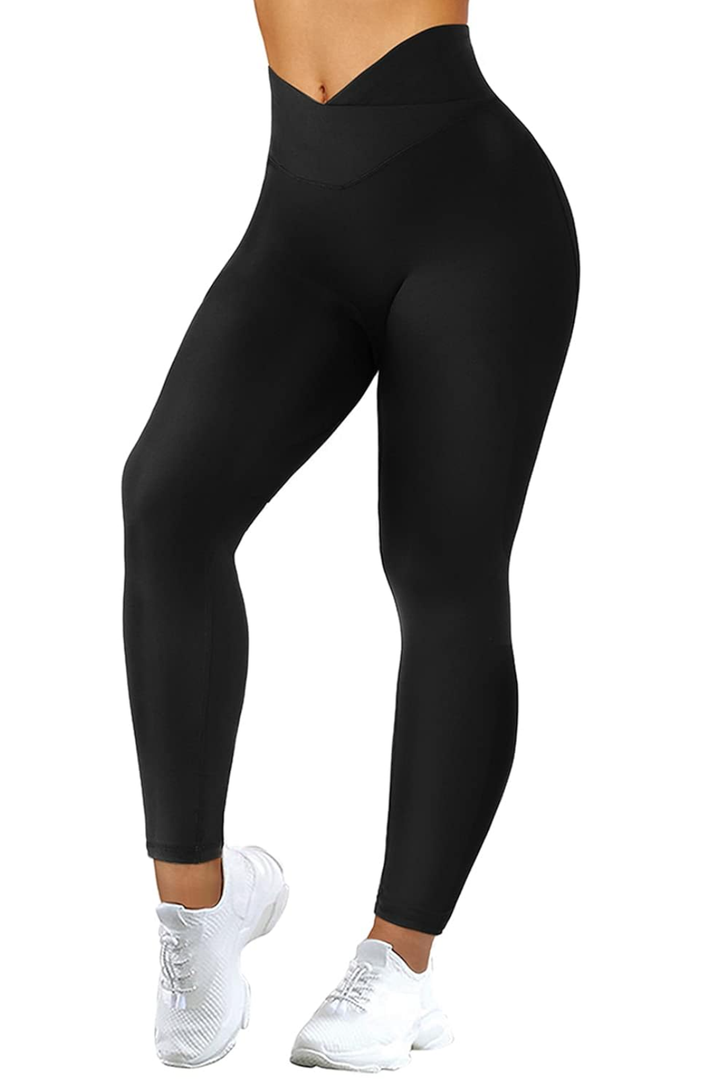 MOOSLOVER Women V Cross Waist Butt Lifting Leggings with Pockets High Waisted Yoga Pants, L