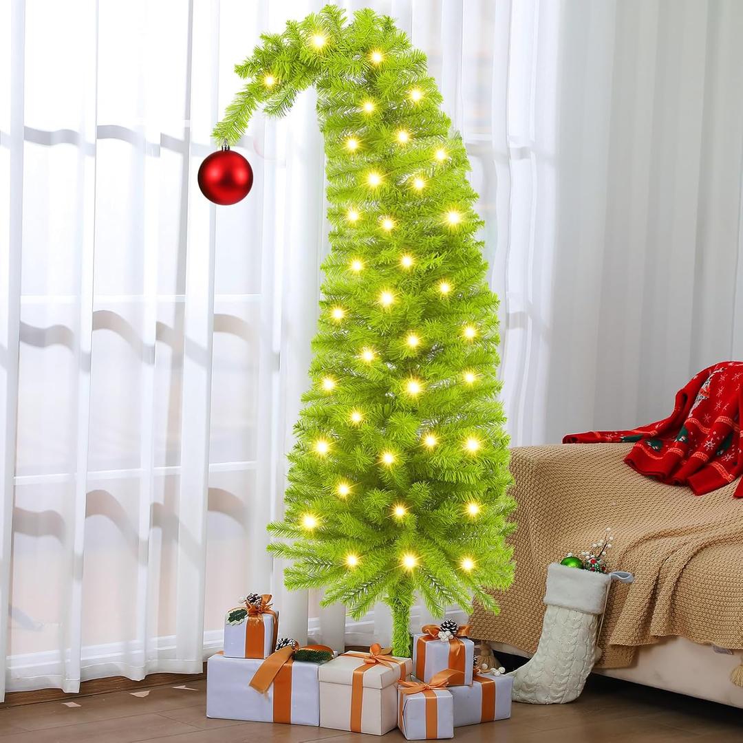 5 FT Whimsical Lime Green Christmas Tree Christmas Decoration Curved Plastic Artificial Tree with Red Ball Ornament Metal Base Xmas Flexible Branches Wrapped for Yard Indoor Home