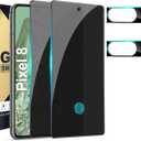 [2+2 Pack] Privacy Screen Protector Compatible with Pixel 8 5G, 2 Tempered Glass Film with 2 Camera Lens Protectors, High Clarity, Bubble Free, Anti-Spy Protection