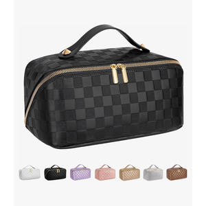 ALEXTINA Travel Makeup Bag,Large Capacity Vegan Leather Cosmetic Bags for Women,Waterproof Portable Pouch Open Flat Toiletry Bag Make up Organizer with Fixed Divider