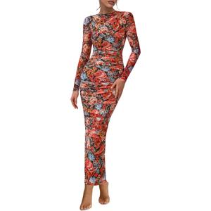 PRETTYGARDEN Women's Long Sleeve Maxi Dress 2025 Fall Ruched Bodycon Floral Mesh Formal Wedding Guest Cocktail Party Dresses (Black Multicolored Floral, S)