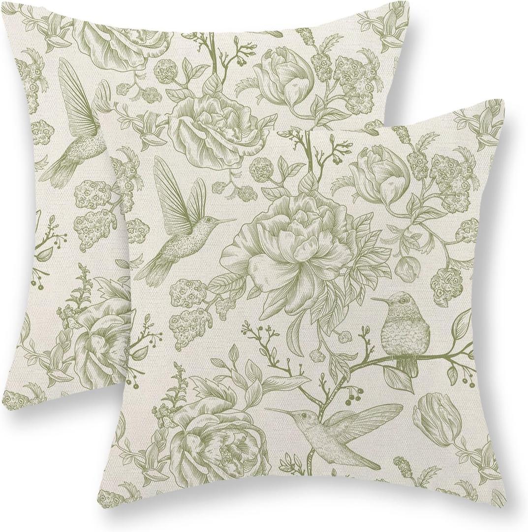 Sage Green Pillow Covers 18x18 Set of 2 Light Green Chinoiserie Bird Floral Throw Pillows Outdoor Decor Vintage Hummingbird Flower Pillow Cases Linen Decorative Cushion Cover for Couch Sofa