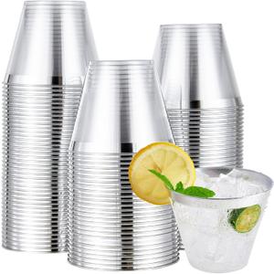 JOLLY CHEF 100 Pack Silver Plastic Cups, 9 oz Clear Plastic Tumblers, Elegant Silver Rimmed Cups, Disposable Glasses for Wedding, Thanksgiving Day, Christmas Party
