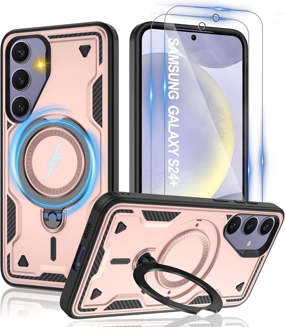for Samsung Galaxy-S24 Plus Case with Magsafe & [HD Screen Protector×2][Anti-Fingerprint], 360° Metal Rotated Kickstand,Military Grade Shockproof Protective for Galaxy S24 Plus Case,Rose Gold 