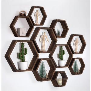 WONFUlity Hexagon Floating Shelves Honeycomb Shelves Wall Mounted Wood Farmhouse Storage Wall Shelf for Bathroom, Kitchen, Bedroom, Living Room, Driftwood Finish Decor, Dark Brown