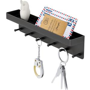 MKO Key Holder Wall Mount, Key Holder Wall Mount Adhesive with Mail Organizer Tray with 6 Key Hooks for Wall, Black (1 Piece)