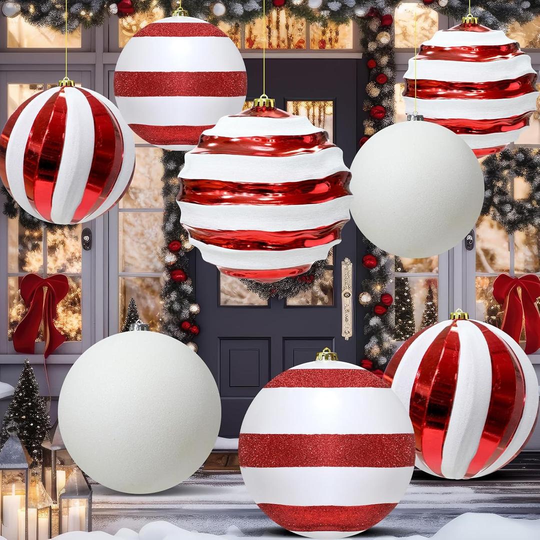 8 Pack 8'' 6'' Extra Large Christmas Ornament Balls for Tree Decoration, Giant Glitter Candy Cane Xmas Balls Red White Jumbo Plastic Hanging Baubles for Home Indoor Outdoor Holiday Party