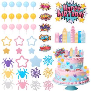 61pcs Spider Theme Cake Toppers, Multicolored Cartoon Theme Cake Decorations Include Foam Balls Stars Webs City Patterns for Boys Girls Birthday Party Favors