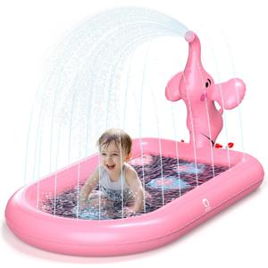 QPAU Splash Pads for Toddlers 1-3, Pink Elephant Toy Splash Pad for Kids, Outdoor Play Mat for Babies, Inflatable Sprinkler Pool for Birthday Girl Gifts 1 Year Old Girl