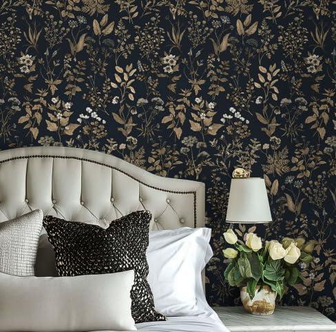 2 x Dimoon 78.7"x17.3" Vintage Wallpaper Boho Floral Peel and Stick Wallpaper Dark Black Gold Contact Paper Flower Removable Wall Paper Renter Friendly Stick on Kitchen Bathroom Self Adhesive Vinyl