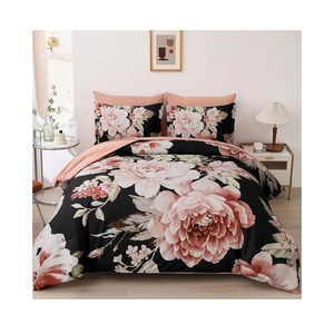 Floral Comforter Set California King Size,7 Pieces Bed in a Bag Black Pink Floral Bedding Set Elegant Flower Comforter Set for All Season with Flat Sheet, Fitted Sheet, Pillowcases & Shams