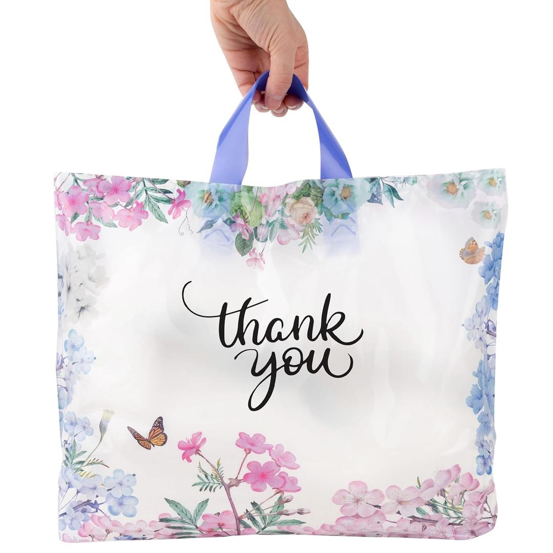 Purple Q Crafts Thank You Bags With Soft Loop Handle for Business Retail, Boutique Bulk 50 Pack 15" W x 12" H Floral Plastic Shopping Bags/Gift Bags Perfect For Mothers Day, 12x15 Inch